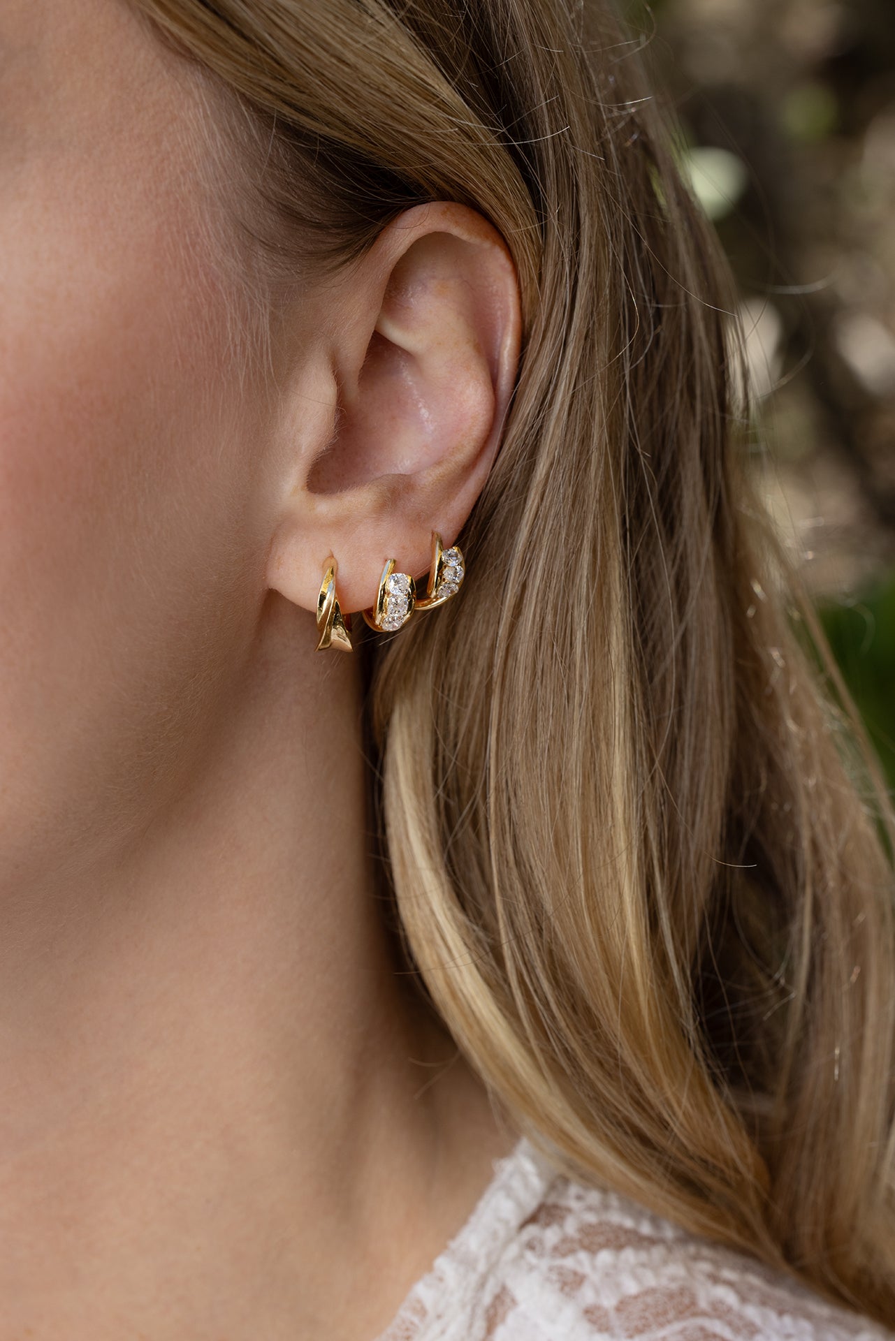 18k yellow gold 9.5mm swirl tapered hoop, 18k yellow gold 9.5mm cushion triplet hoop, 18k yellow gold 9.5mm pear diamond triplet hoop