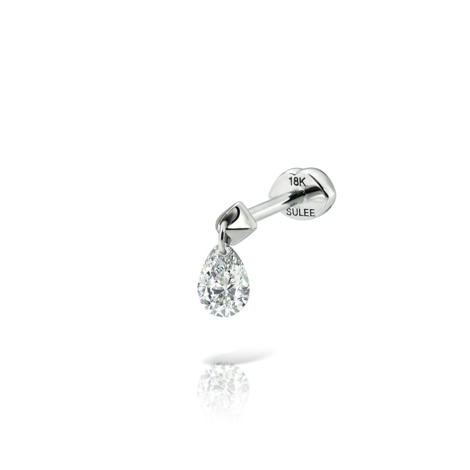 18k white gold pear diamond dangle post stud with lip motif flat back