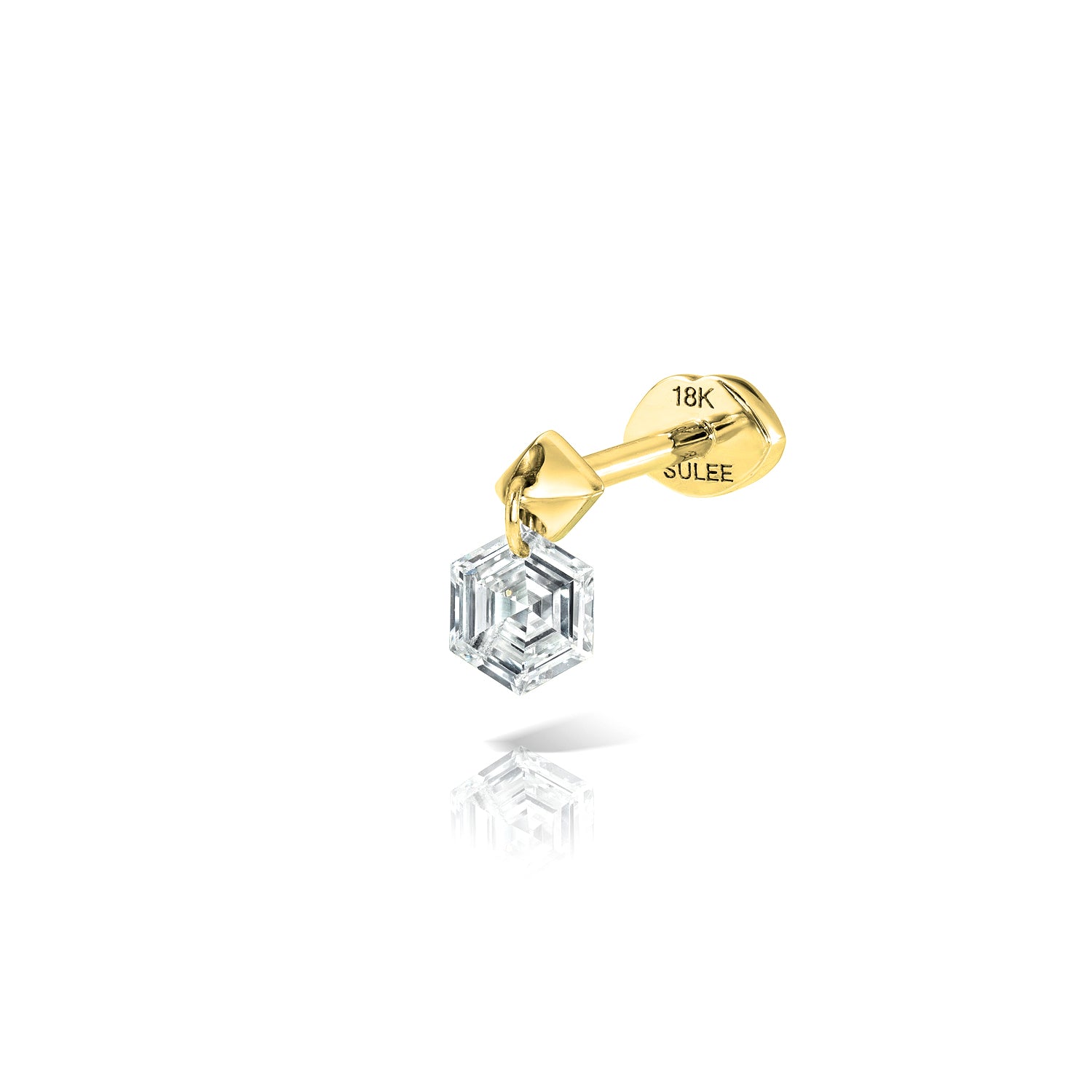 18k yellow gold hexagon diamond dangle post stud with lip motif flat back