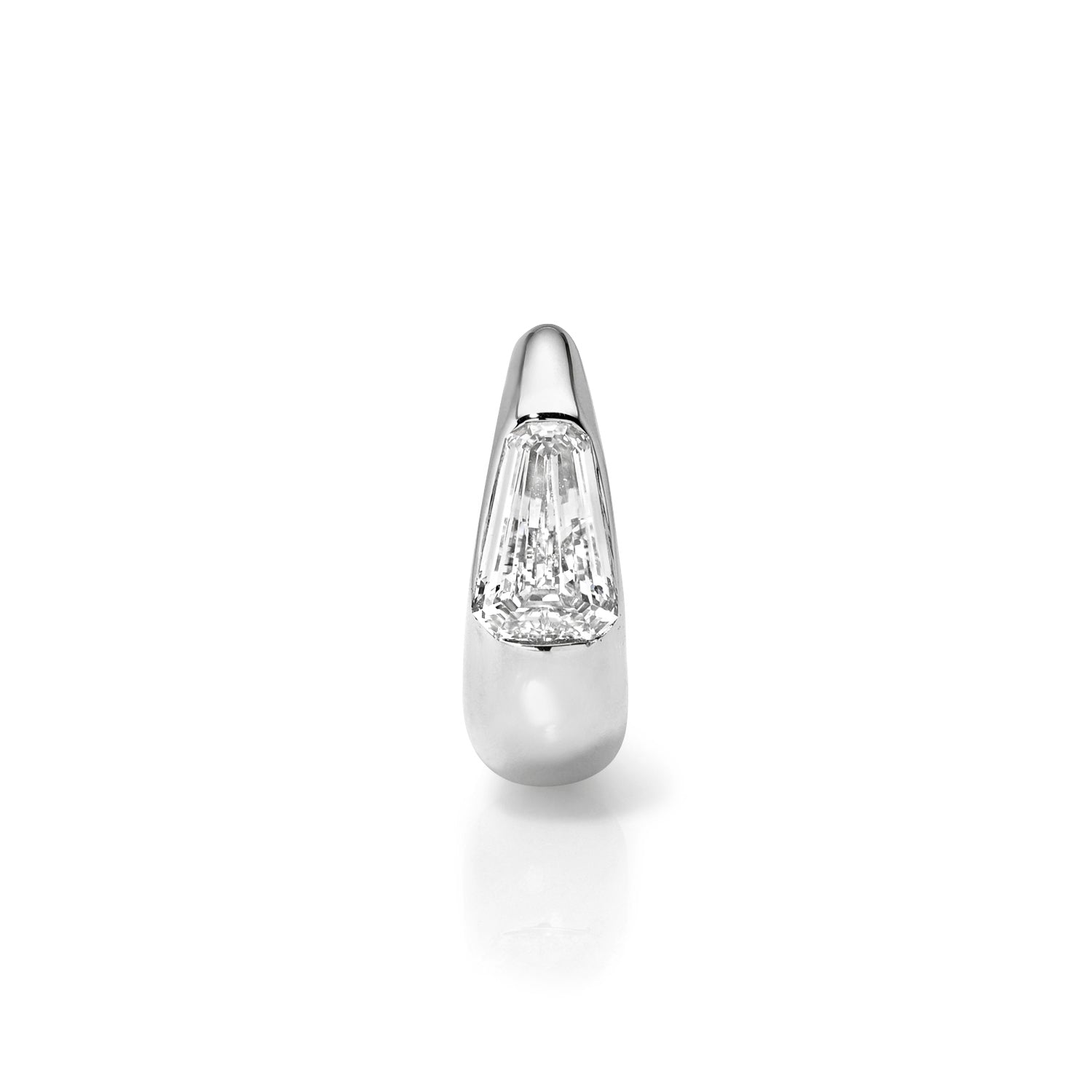 18k white gold 8mm signature tapered hoop with shield cut diamond center