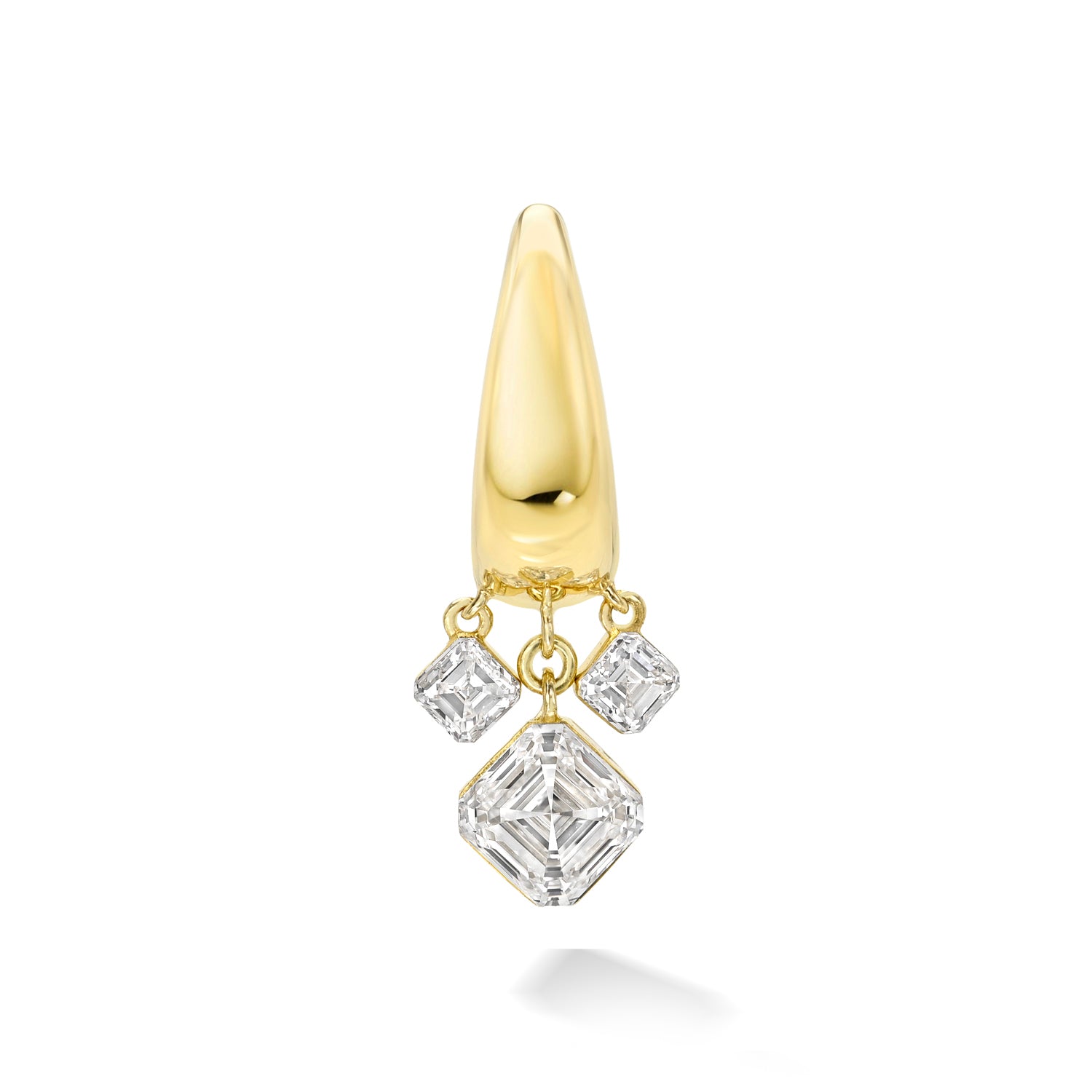 18k yellow gold signature tapered hoop with 3 diamond dangles: 2 asscher diamond and 1 square emerald cut diamond dangle with radiant diamond border setting. Hoop Size 9.5mm