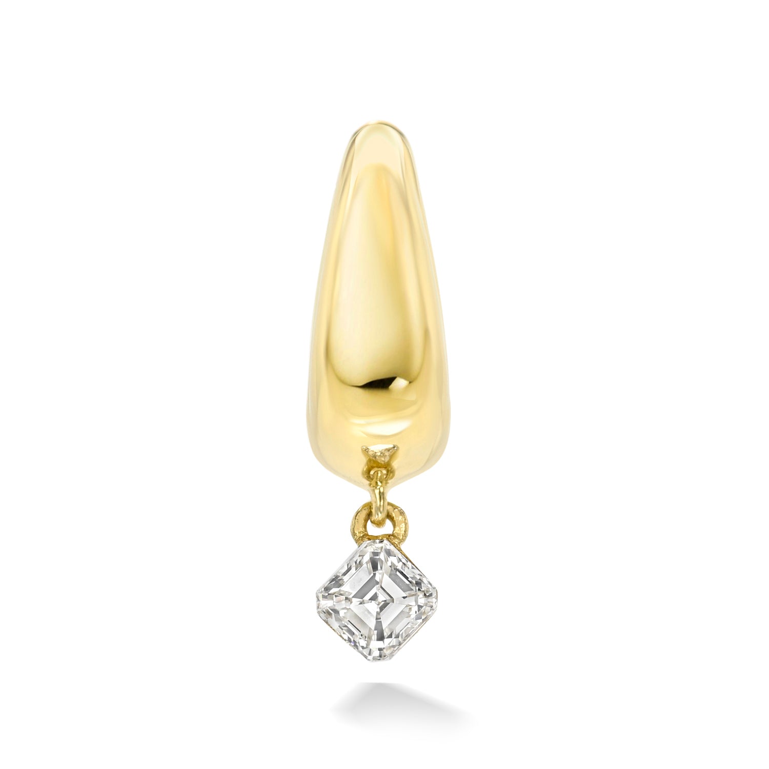 18k yellow gold signature tapered hoop with asscher diamond dangle. Hoop Size 6.5mm
