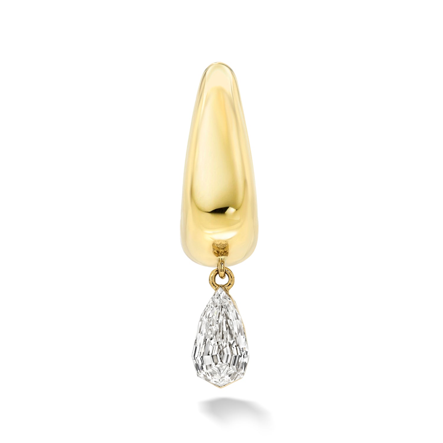18k yellow gold signature tapered hoop with upward facing step-cut pear diamond dangle with radiant diamond border setting. Hoop Size 9.5mm