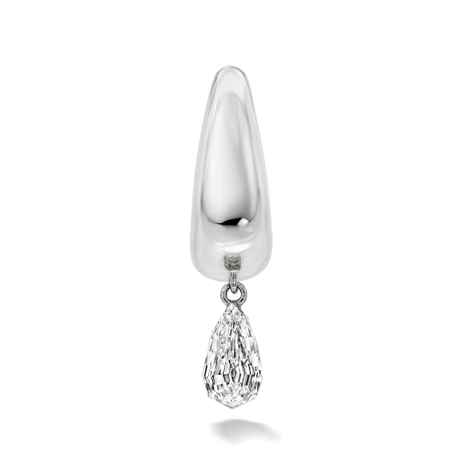18k white gold signature tapered hoop with upward facing step-cut pear diamond dangle with radiant diamond border setting. Hoop Size 9.5mm
