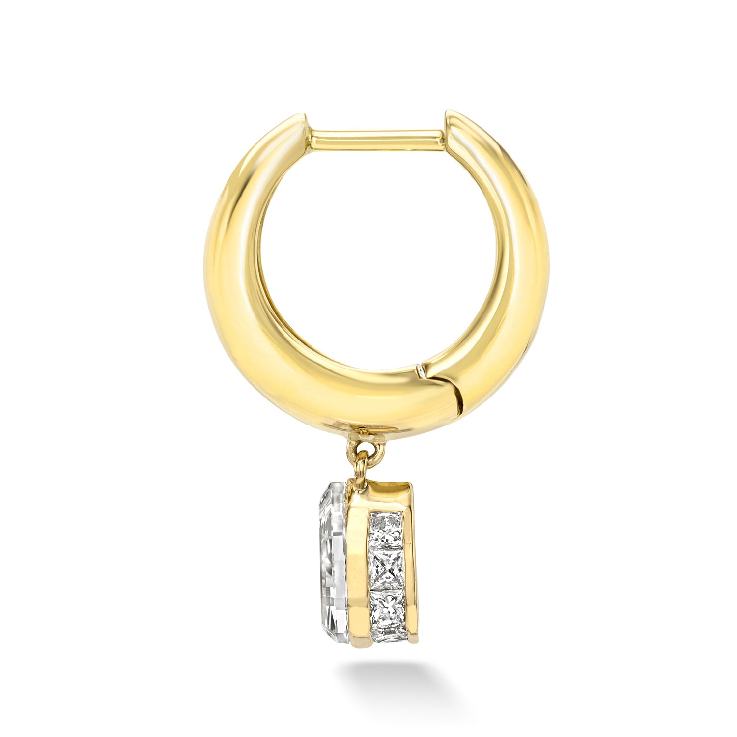 18k yellow gold signature tapered hoop with upward facing step-cut pear diamond dangle with radiant diamond border setting. Hoop Size 9.5mm