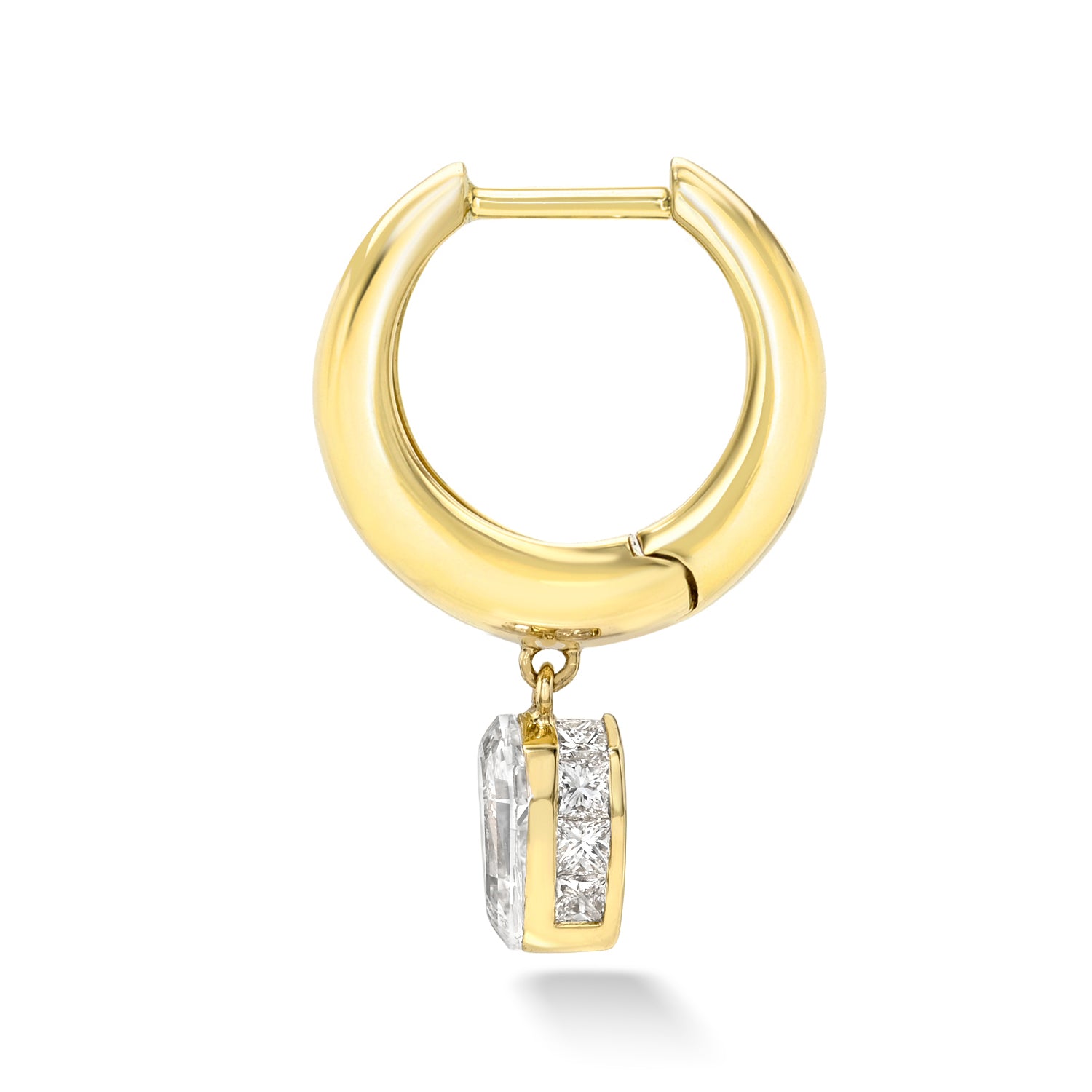 18k yellow gold signature tapered hoop with upside down step-cut pear diamond dangle with radiant diamond border setting. Hoop Size 9.5mm