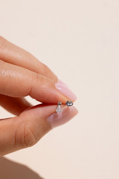 TRILLION SHAPED DIAMOND DANGLE THREADED LIP BACK EARRING
