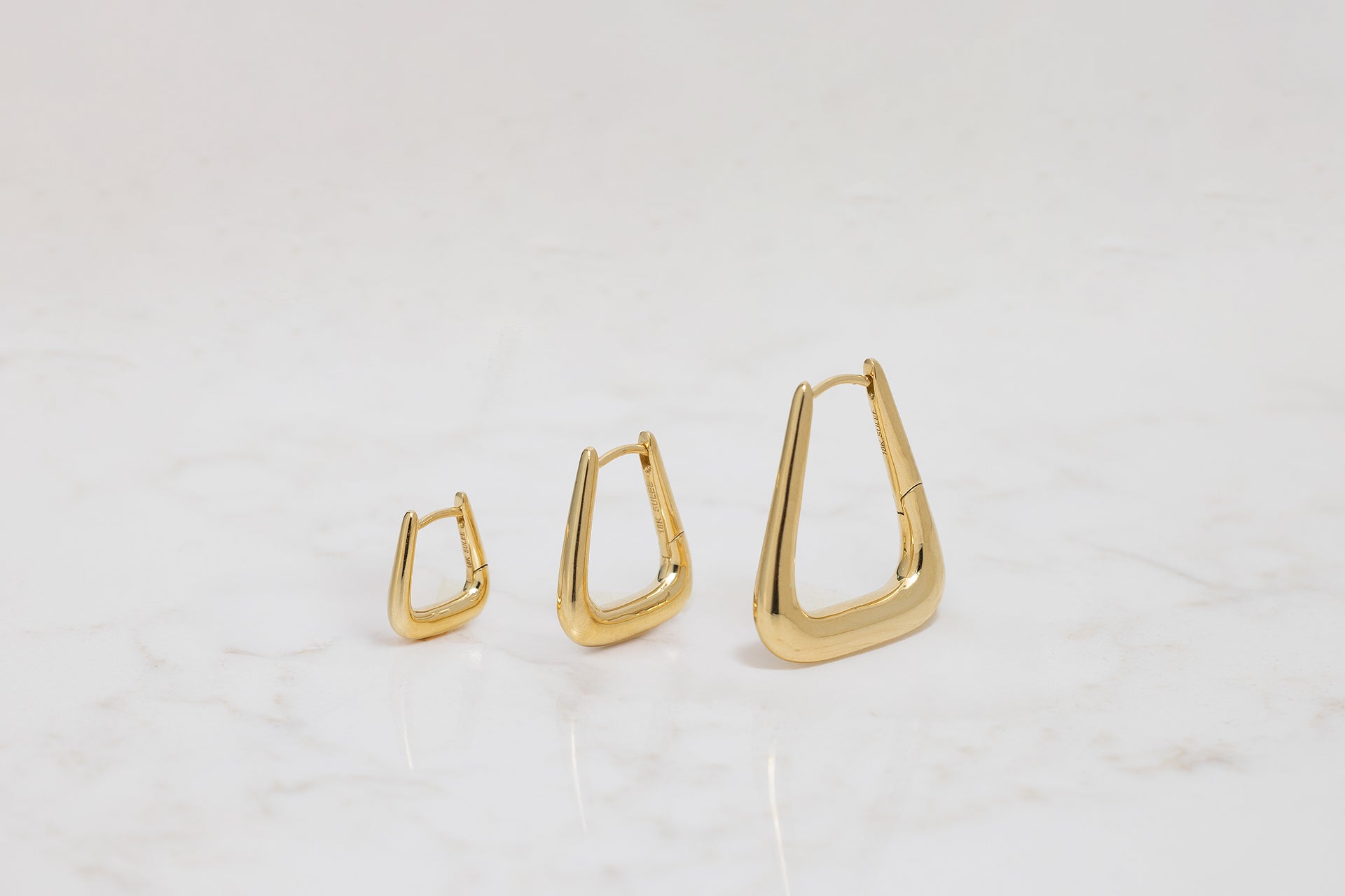 18k yellow gold trapezoid/trapeze shaped hinged hoop in size small, medium, and classic