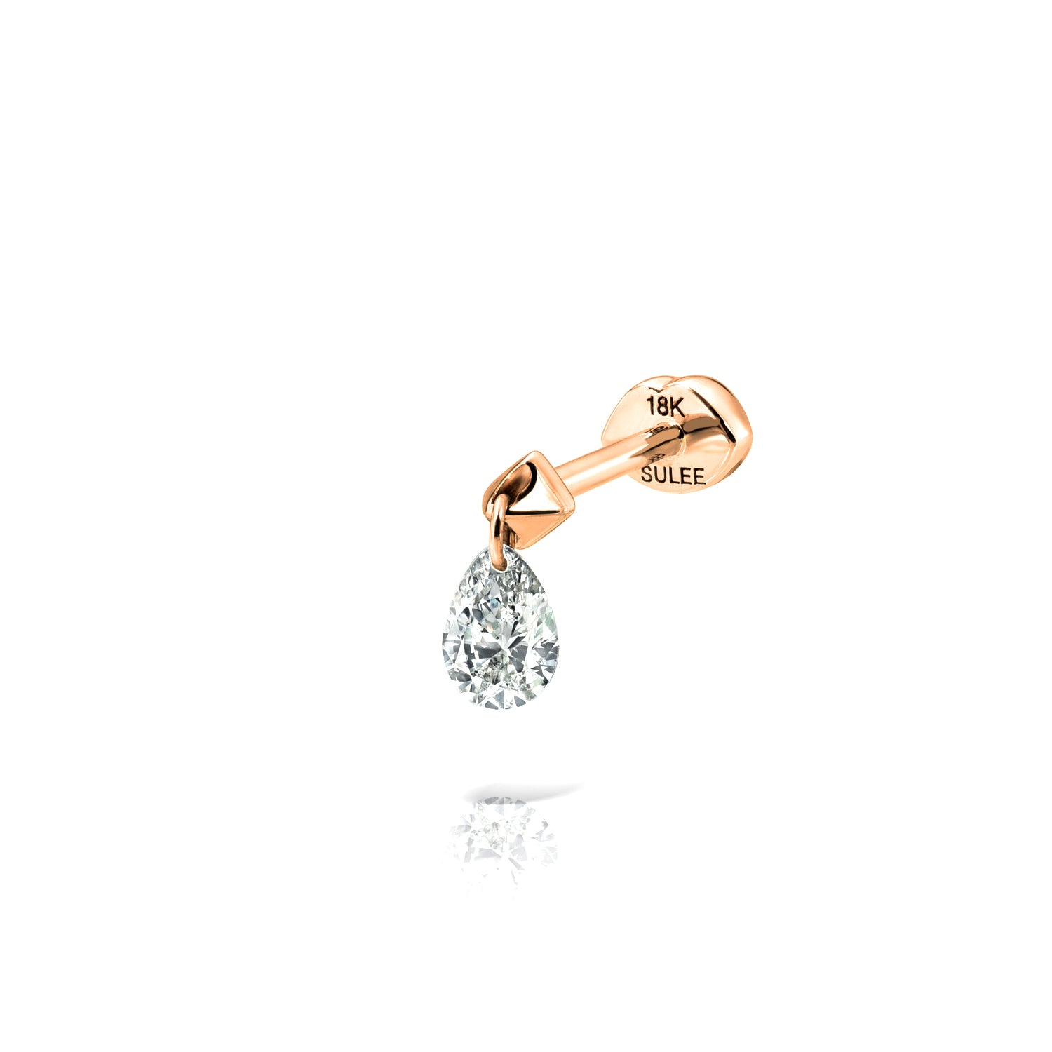 18k rose gold pear diamond dangle post stud with lip motif flat back