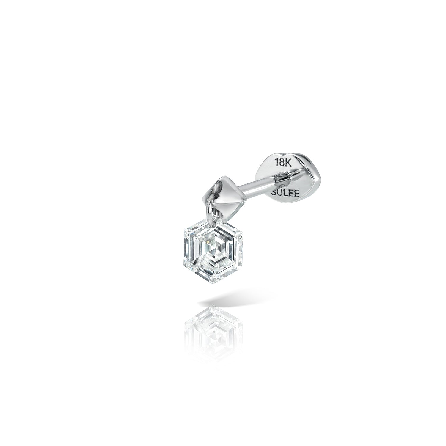 18k white gold hexagon diamond dangle post stud with lip motif flat back