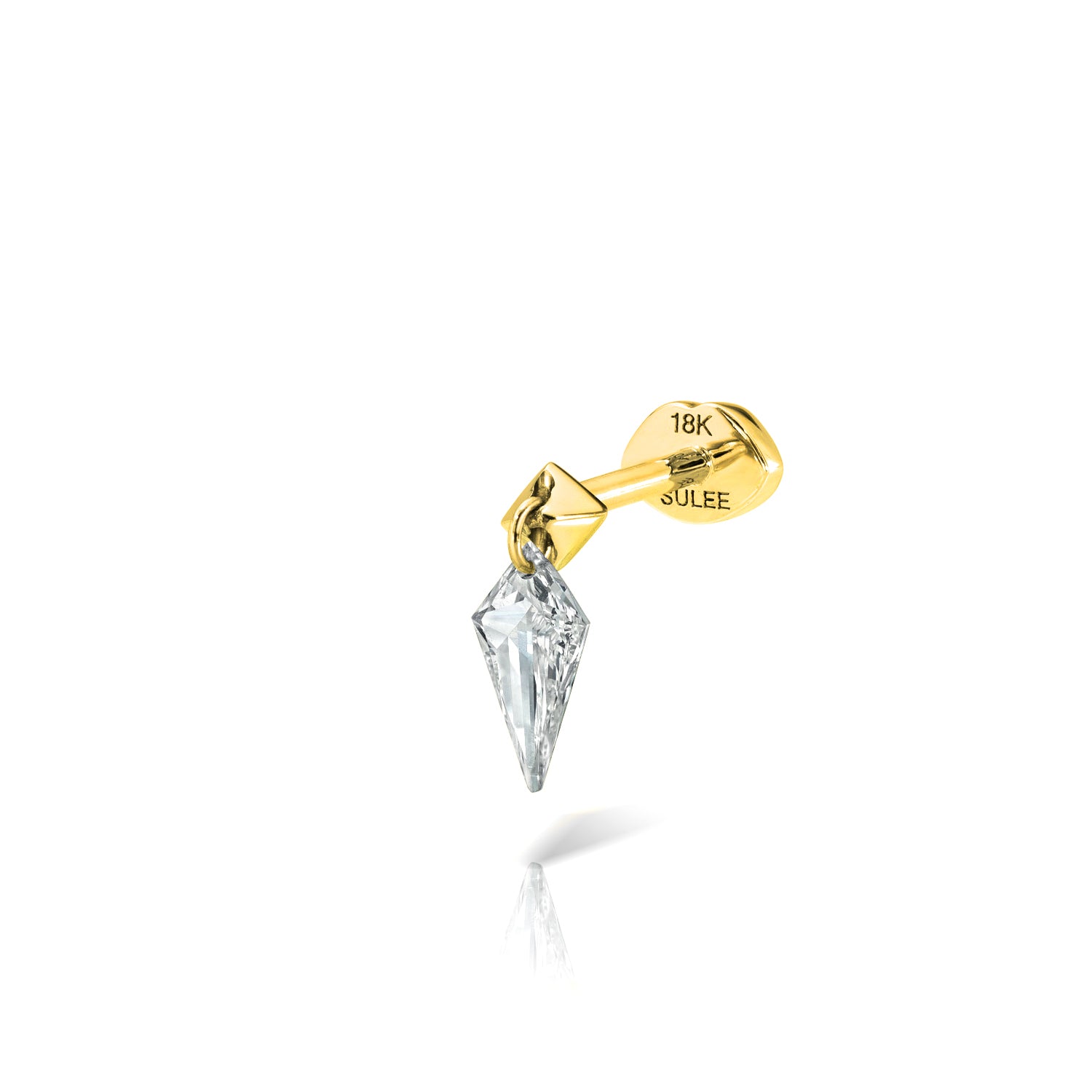 18k yellow gold kite diamond dangle post stud with lip motif flat back