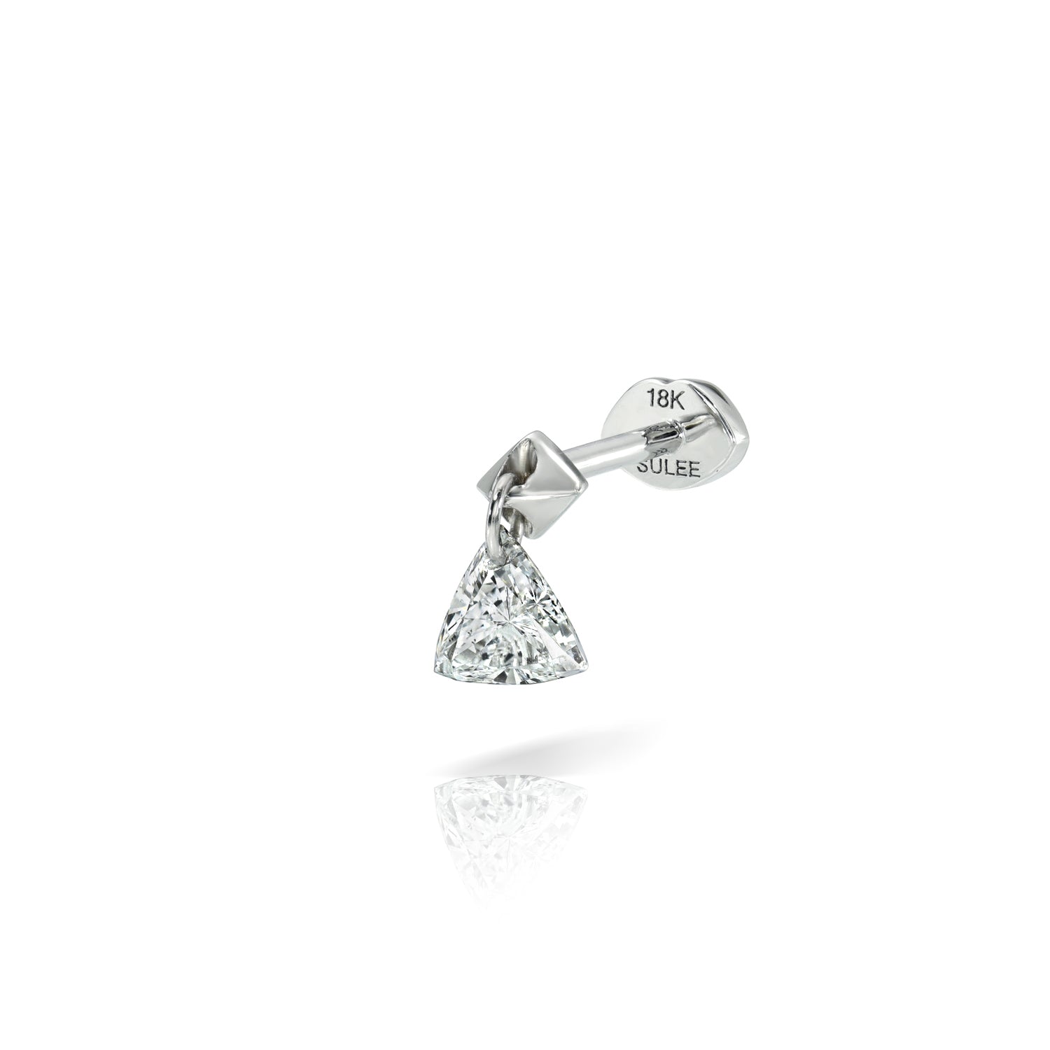 18k white gold trillion diamond dangle post stud with lip motif flat back