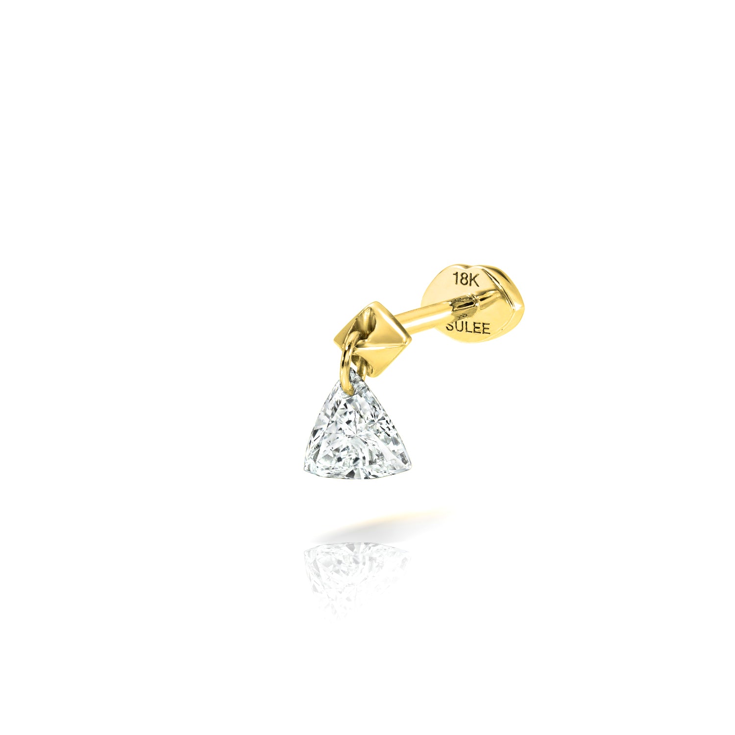 18k yellow gold trillion diamond dangle post stud with lip motif flat back