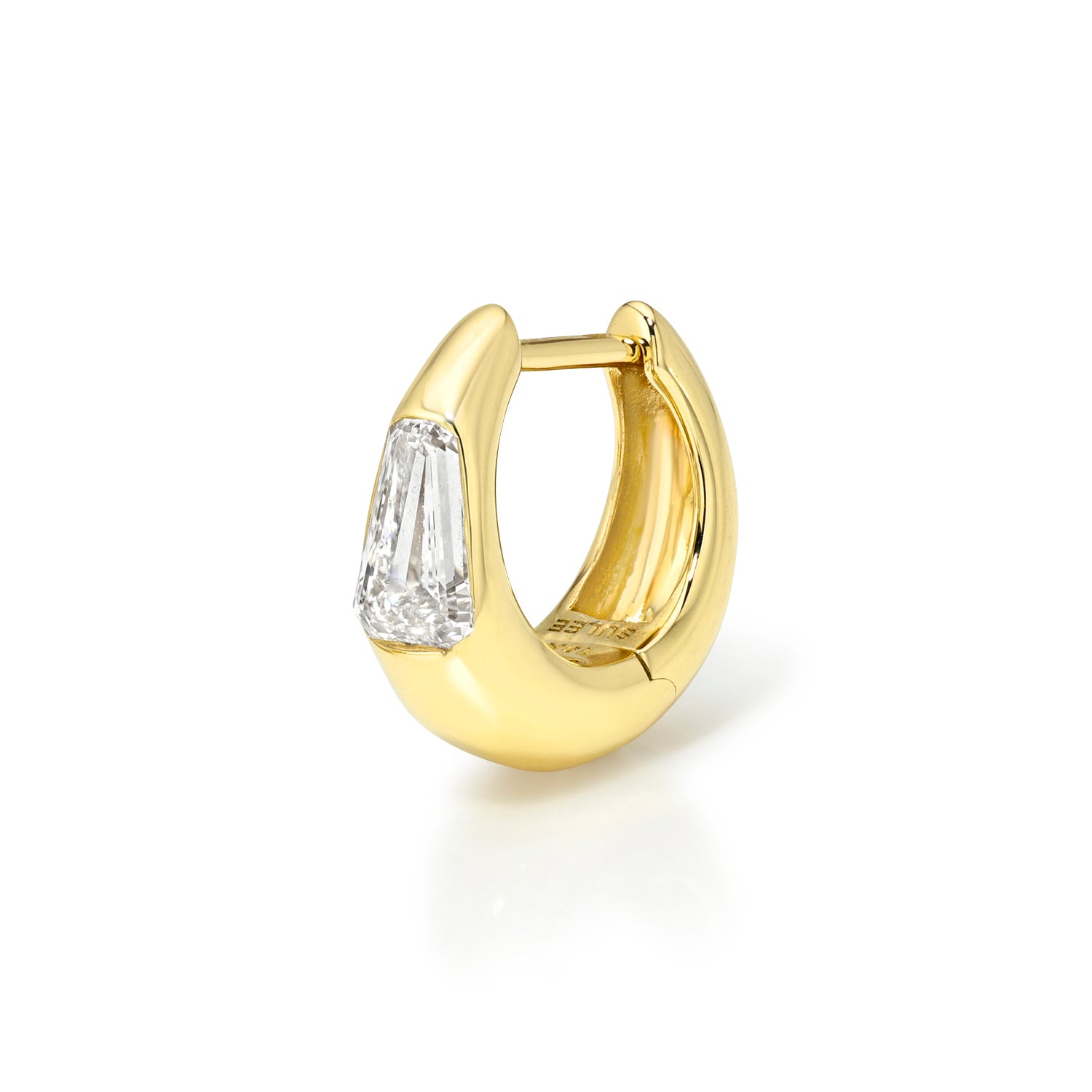 18k yellow gold 8mm signature tapered hoop with shield cut diamond center