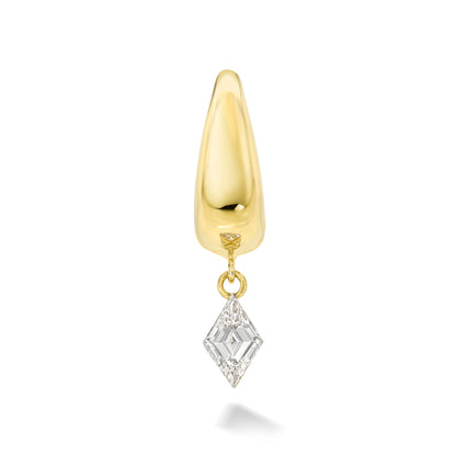 18k yellow gold signature tapered hoop with lozenge diamond dangle with radiant diamond border setting. Hoop Size 9.5mm