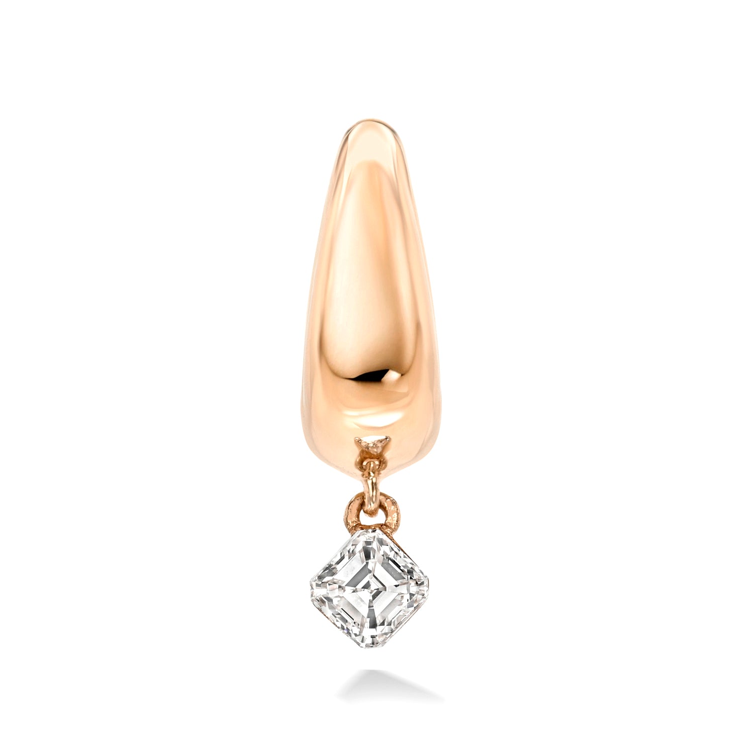18k rose gold signature tapered hoop with asscher diamond dangle. Hoop Size 6.5mm