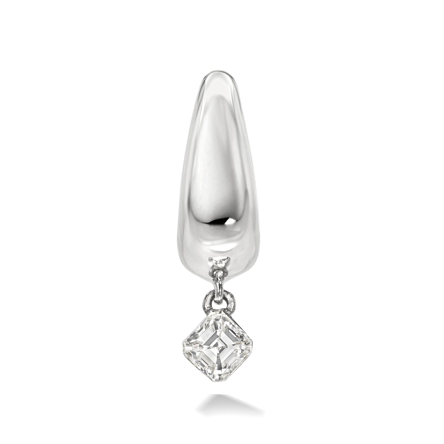 18k white gold signature tapered hoop with asscher diamond dangle. Hoop Size 6.5mm