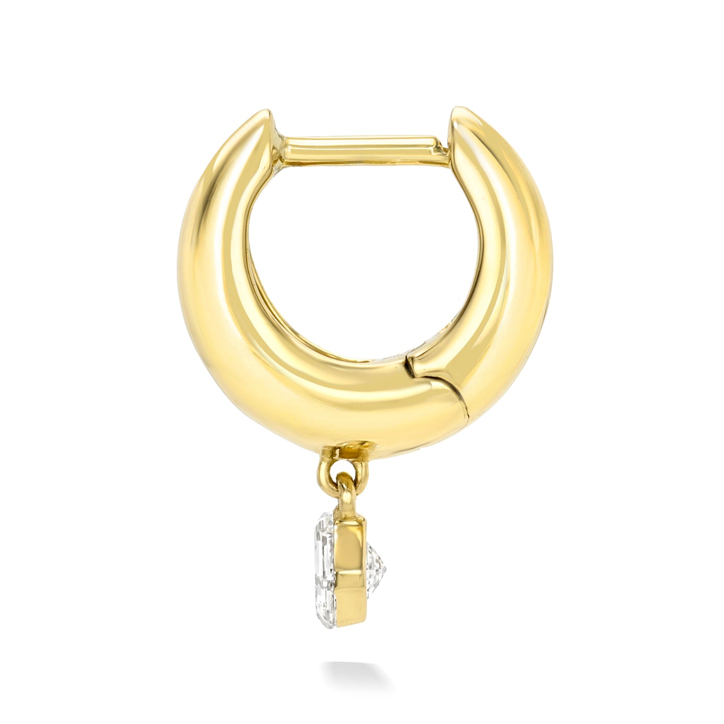 18k yellow gold signature tapered hoop with asscher diamond dangle. Hoop Size 6.5mm