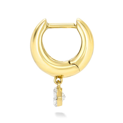 18k yellow gold signature tapered hoop with asscher diamond dangle. Hoop Size 6.5mm