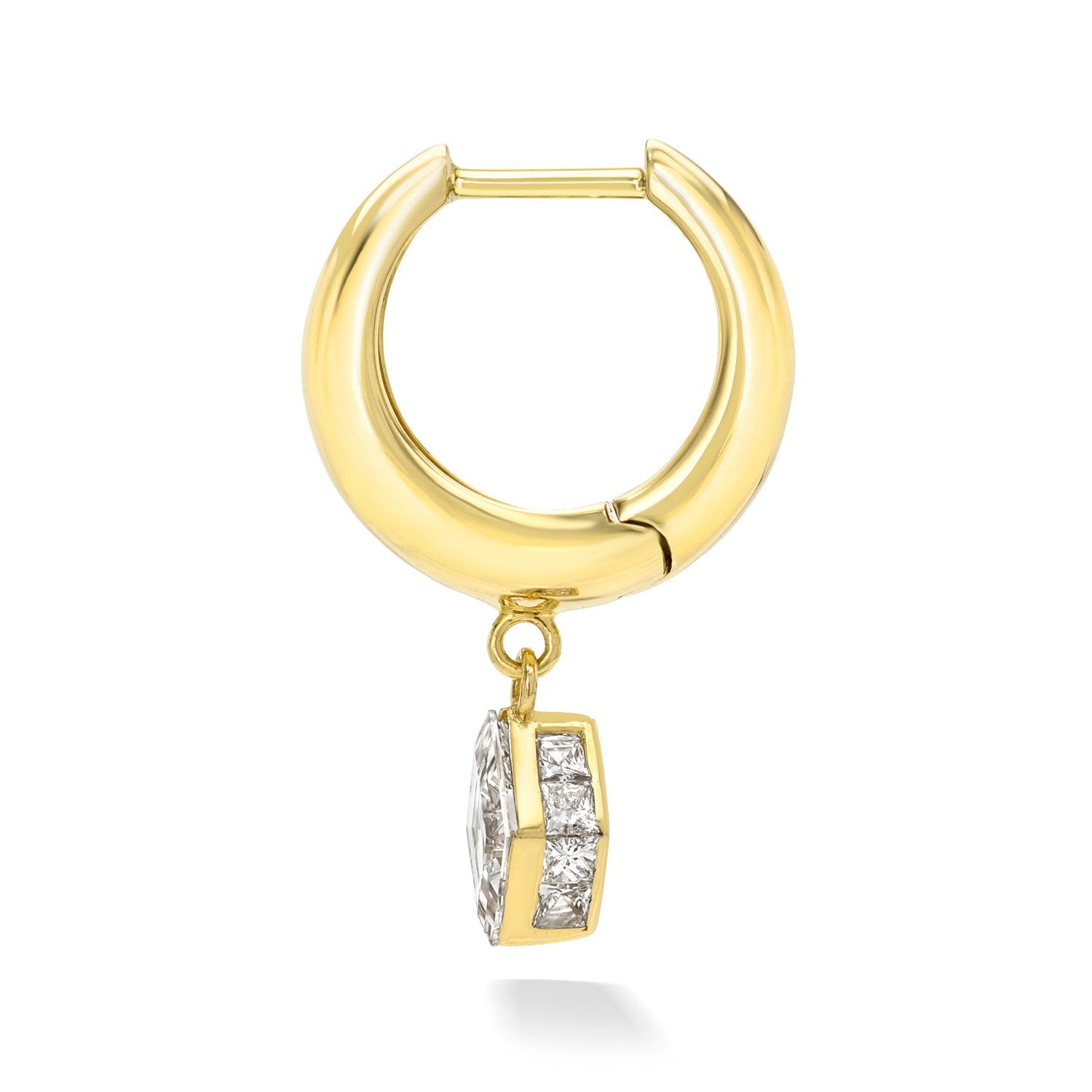18k yellow gold signature tapered hoop with lozenge diamond dangle with radiant diamond border setting. Hoop Size 9.5mm