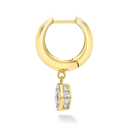 18k yellow gold signature tapered hoop with lozenge diamond dangle with radiant diamond border setting. Hoop Size 9.5mm