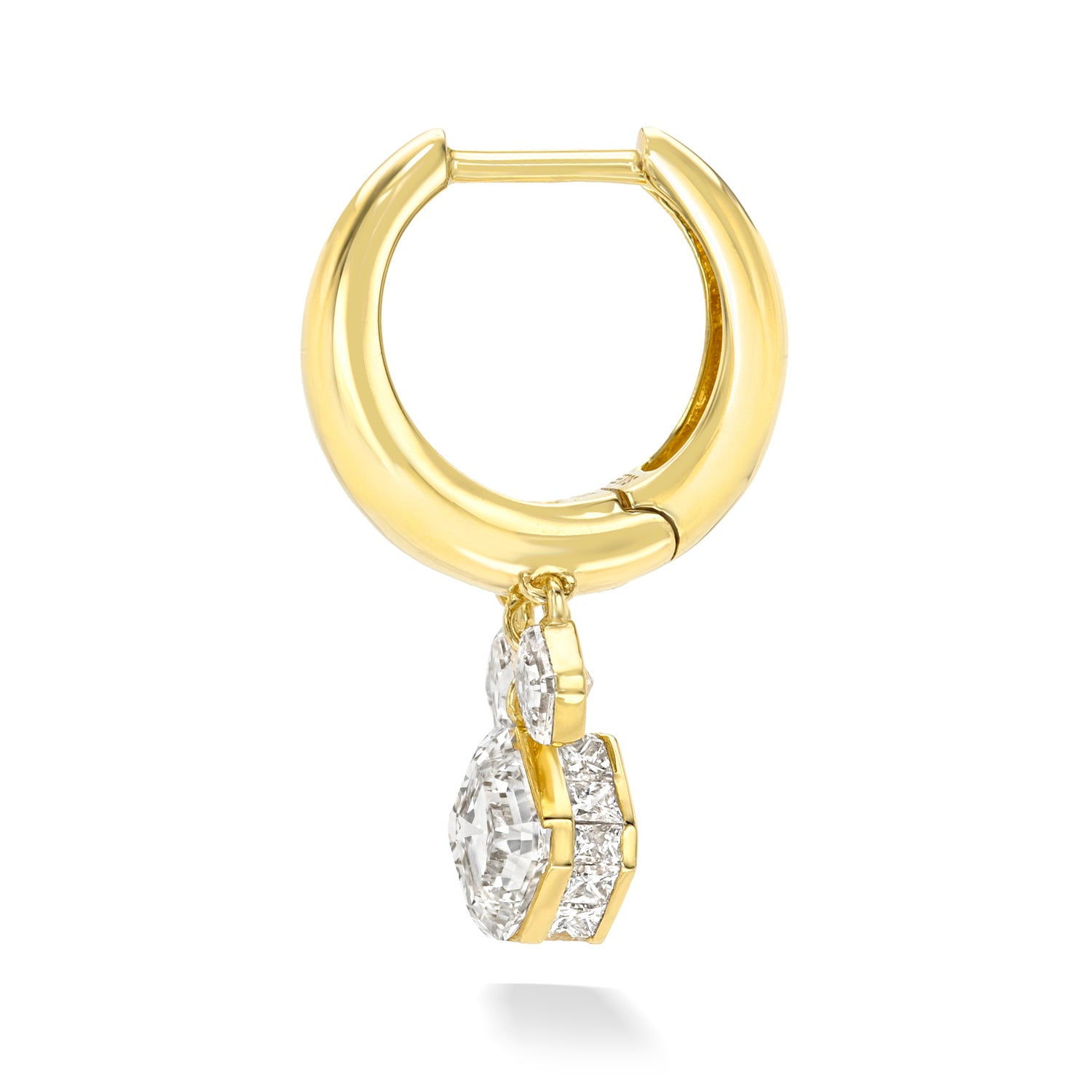18k yellow gold signature tapered hoop with 3 diamond dangles: 2 asscher diamond and 1 square emerald cut diamond dangle with radiant diamond border setting. Hoop Size 9.5mm