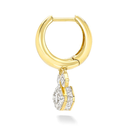 18k yellow gold signature tapered hoop with 3 diamond dangles: 2 asscher diamond and 1 square emerald cut diamond dangle with radiant diamond border setting. Hoop Size 9.5mm