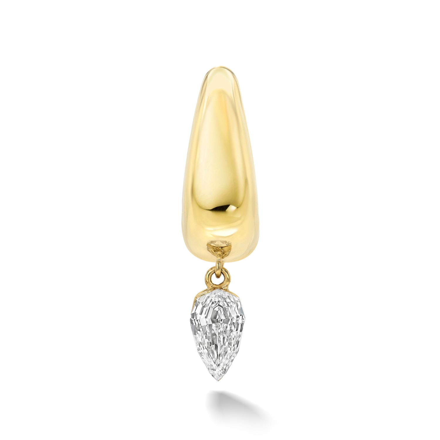 18k yellow gold signature tapered hoop with upside down step-cut pear diamond dangle with radiant diamond border setting. Hoop Size 9.5mm