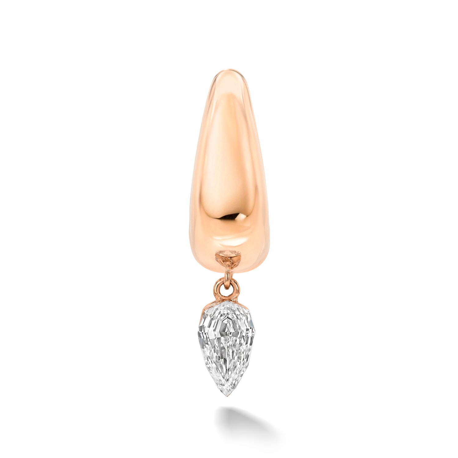 18k rose gold signature tapered hoop with upside down step-cut pear diamond dangle with radiant diamond border setting. Hoop Size 9.5mm