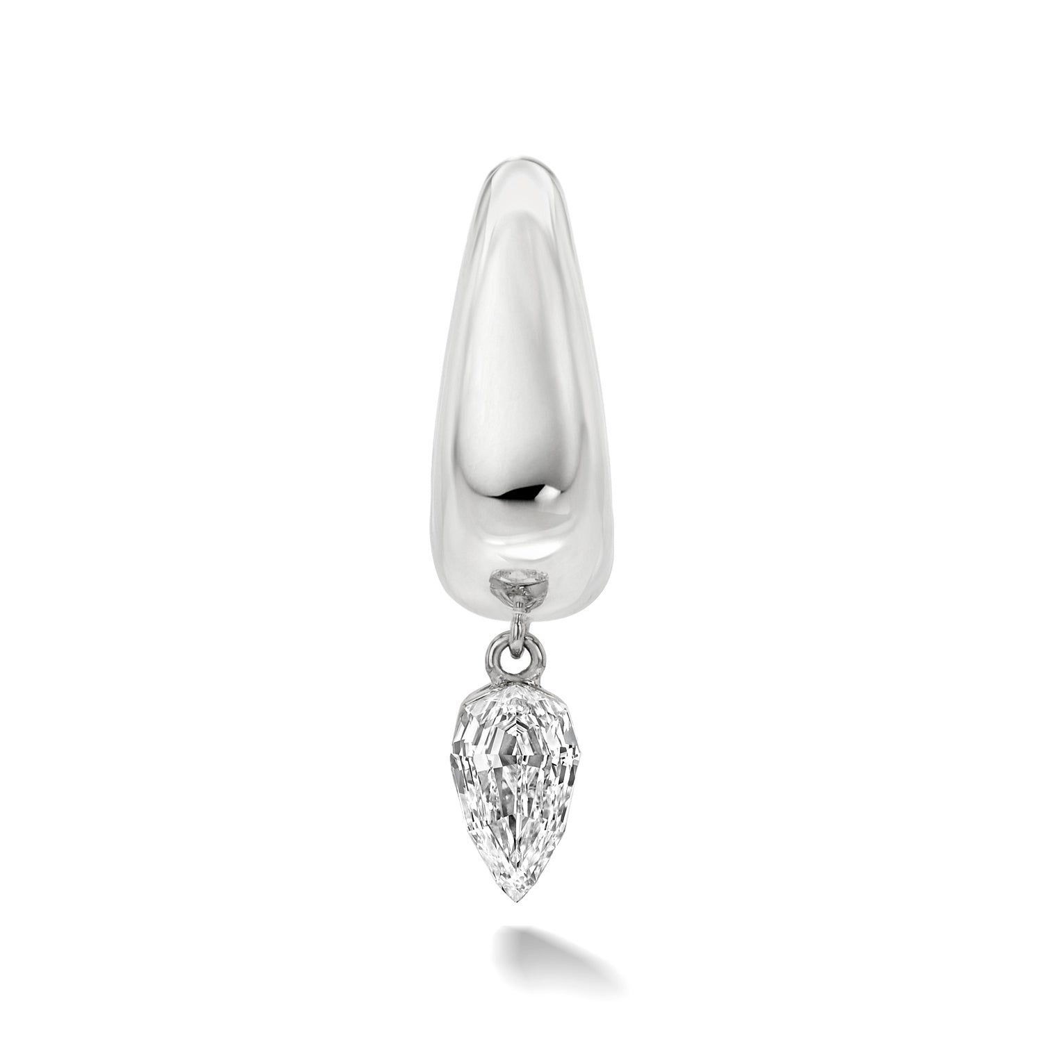 18k white gold signature tapered hoop with upside down step-cut pear diamond dangle with radiant diamond border setting. Hoop Size 9.5mm